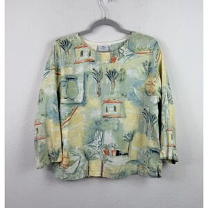 Hot Cotton Marc Ware Linen Blend Art Print Top Sz L Coastal Resort Novelty USA